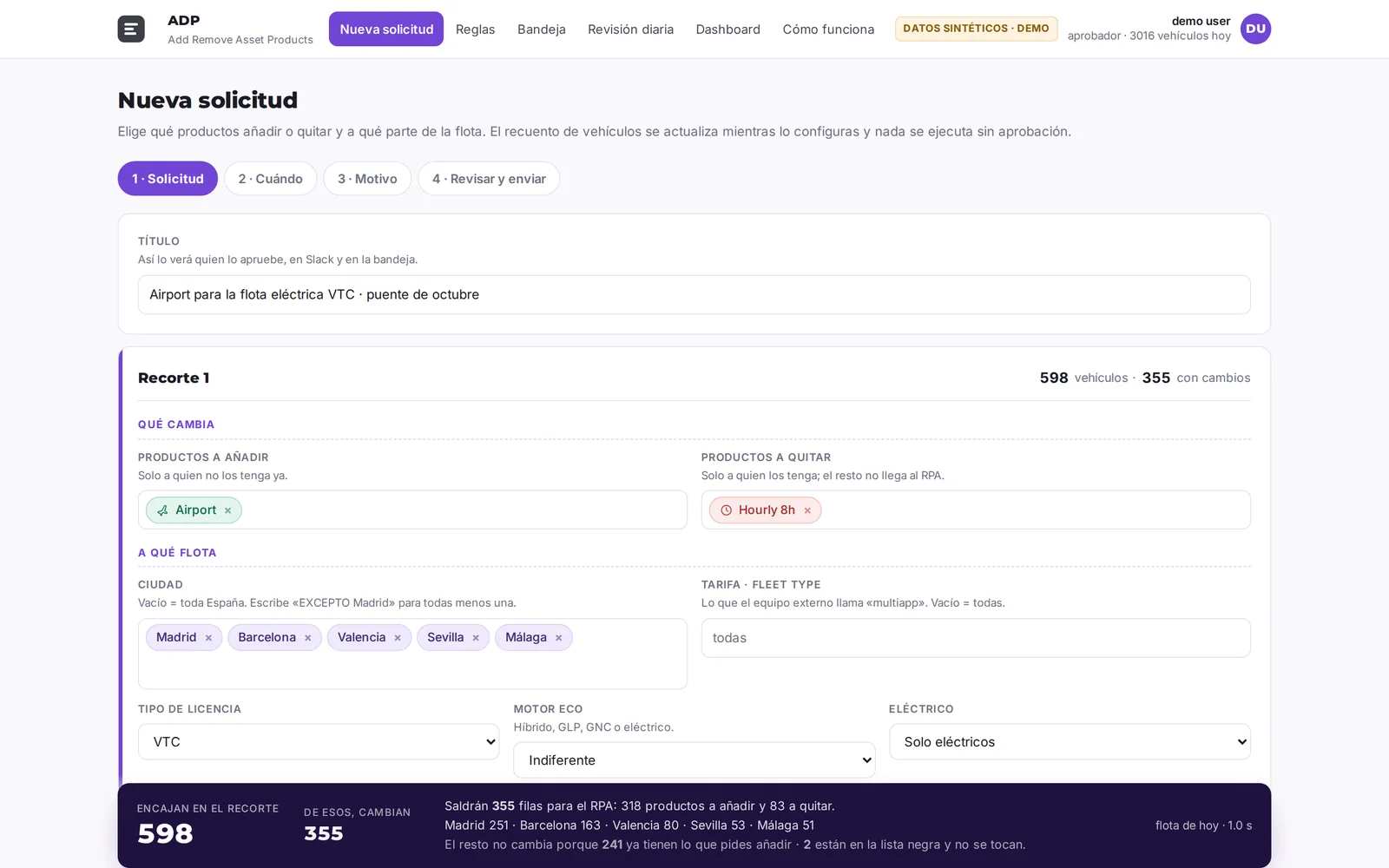 New request form with filters, products and a live vehicle counter