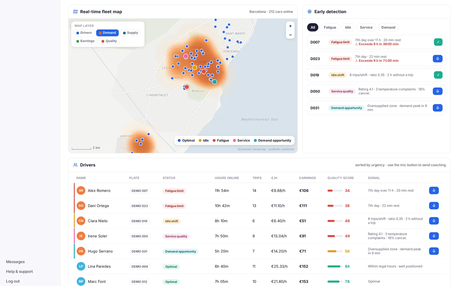 Map with demand heatmap and driver table