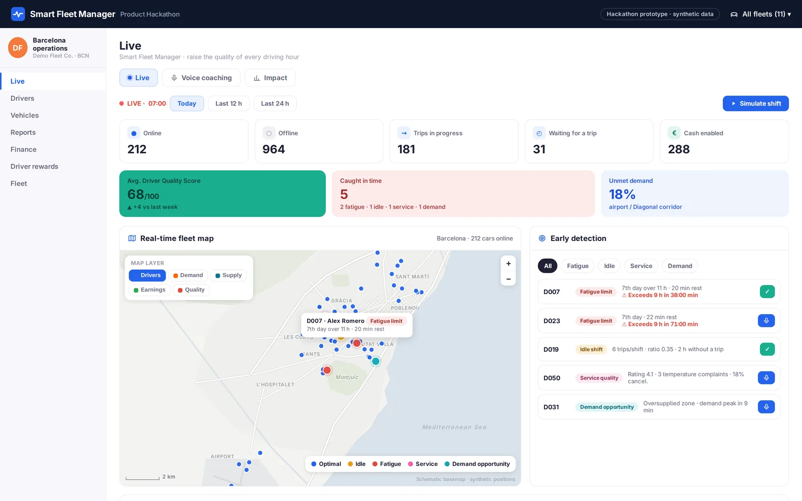 Smart Fleet Manager live view with map, score and alerts
