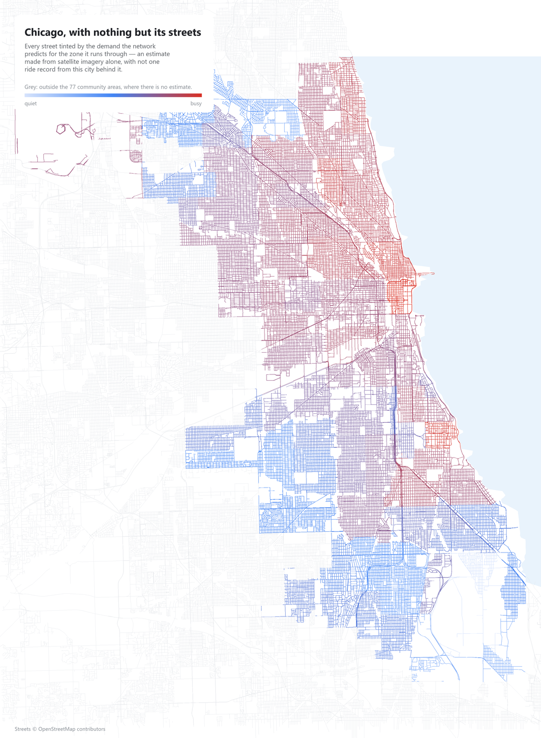 Chicago's street network, each street coloured by predicted ride demand